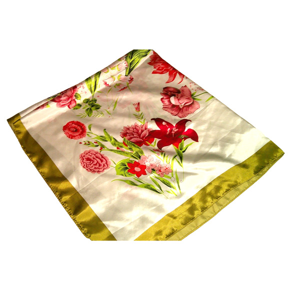 Square Satin like Pink & White Floral Scarf with Gold Trim 35x35 - Picture 1 of 5